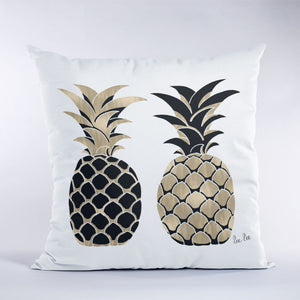 Pineapple illusration in black and gold on white throw pillow 