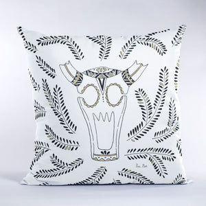 Sugar skull design in black and gold on square throw pillow as 14x14, 18x18 and 26x26