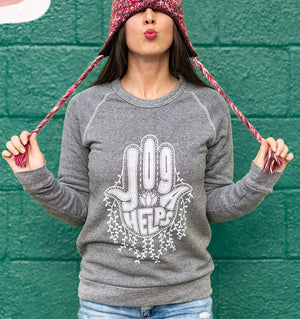 Yoga Helps hand lettered design printed on a comfortable crew neck sweatshirt. Perfect comfy attire for yogis.