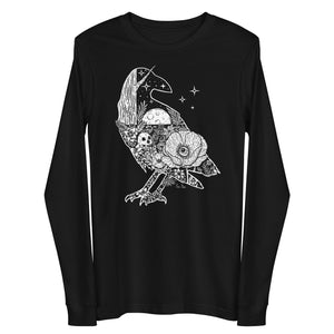 Black long sleeve tee with raven silhouette illustration. Inside the raven is a garden night scene with a skull, an eye inside of a poppy bloom, and ground covered in blooms