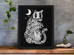 Night of the Cat Illustration - Framed Canvas Print