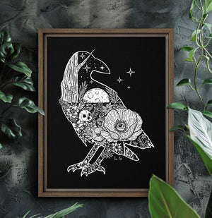 Night of the Raven Illustration - Framed Canvas Print