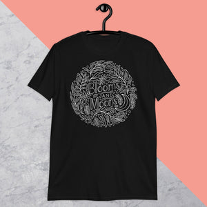 Blooms and Moons t-shirt design, hand lettering with mystical witchy vibes