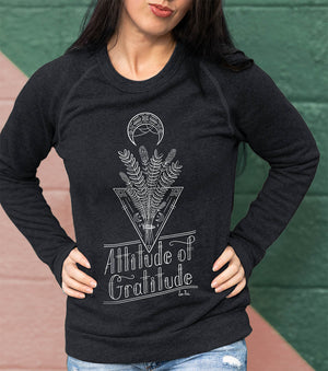 Attitude of Gratitude hand lettered design on a sweatshirt with bundle of lavendar flowers and crescent moon for those who manifest good vibes in their life.
