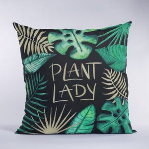 Square pillow with Plant Lady lettering and tropical leaves with black and gold