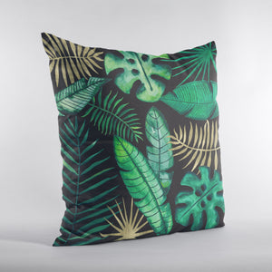 Square pillow with tropical leaves in green, gold and black. Monstera leaves, palms and banana. 