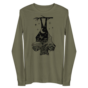Green long sleeve tee with detailed illustration of bat silhouette with moonlight scene inside. Mushrooms, blooms, plants, moths and insects. 