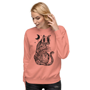 Dusty Rose sweatshirt and black cat silhouette and night scene of blooms, plants, crystals, mushrooms and crescent moon for a witchy vibe